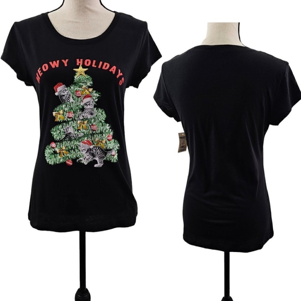 Wound Up Meowy Holidays Christmas Tree Cat Ornament Graphic T-shirt NWT